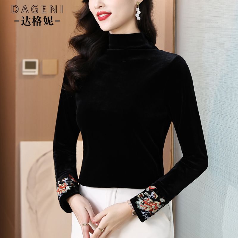 新中式国风绣花高领金丝绒上衣女