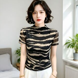 气质半高领条纹上衣网纱印花短袖T恤女2026夏装新款半袖打底小衫
