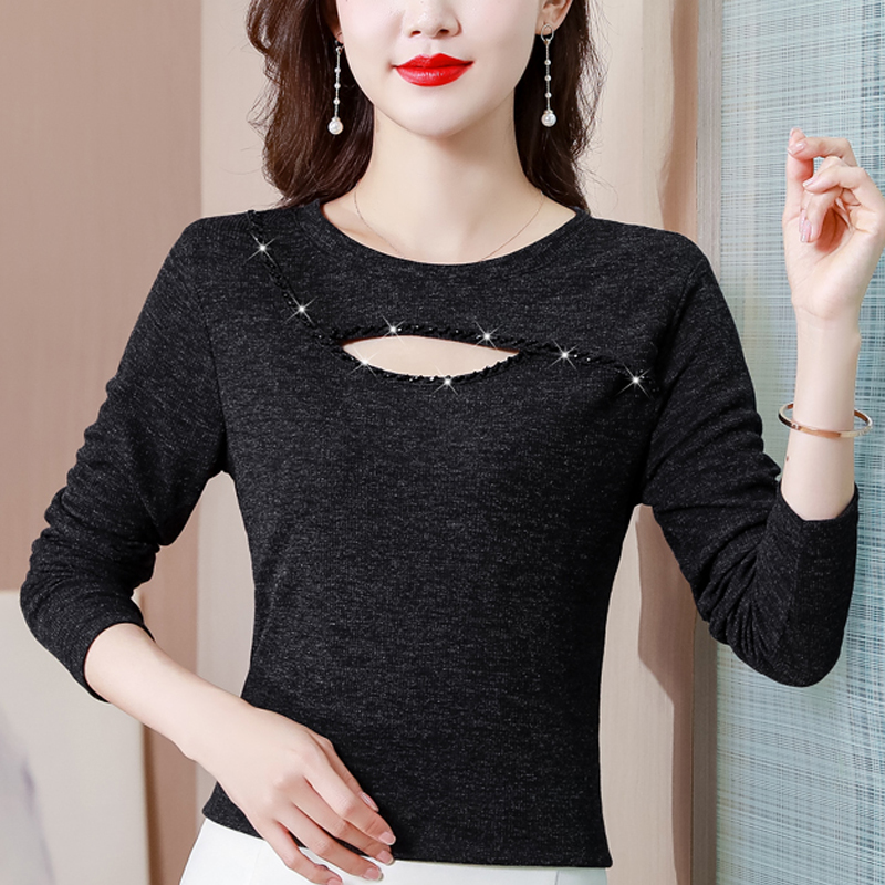 黑色圆领镂空打底衫女百搭上衣