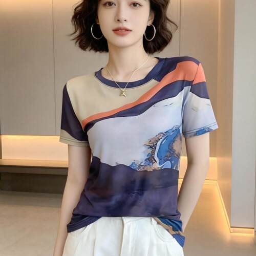 遮肚子显瘦网纱印花上衣洋气小衫女夏季2026新款气质百搭短袖T恤