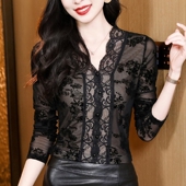 2026年春秋冬新款 高端轻熟风性感蕾丝花边V领显瘦上衣内搭打底衫