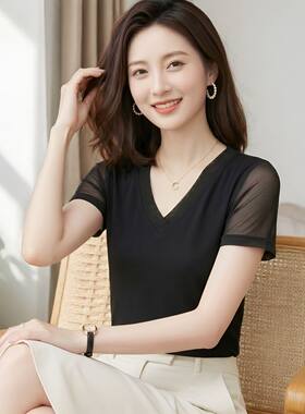 经典黑色显瘦半袖蕾丝衫女2026夏装简约百搭短袖体恤时尚休闲上衣