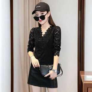 女2026秋季 打底衫 新款 气质t恤小衫 上衣 时尚 高级感短款 V领蕾丝长袖