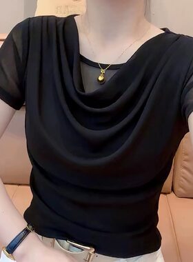 堆堆领高档上衣女夏装新款设计感不规则亮丝网纱小衫百搭通勤上衣
