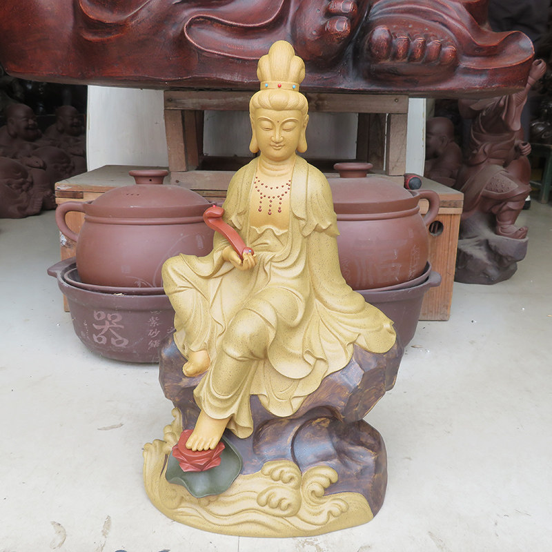 宜兴紫砂摆件雕塑佛祖保佑收藏佛像如意手工南海观音菩萨送子滴水