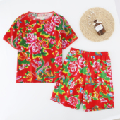 套装 东北大花布薄款 T恤潮女夏短裤 纯棉二人转嘻哈街舞民族风演出