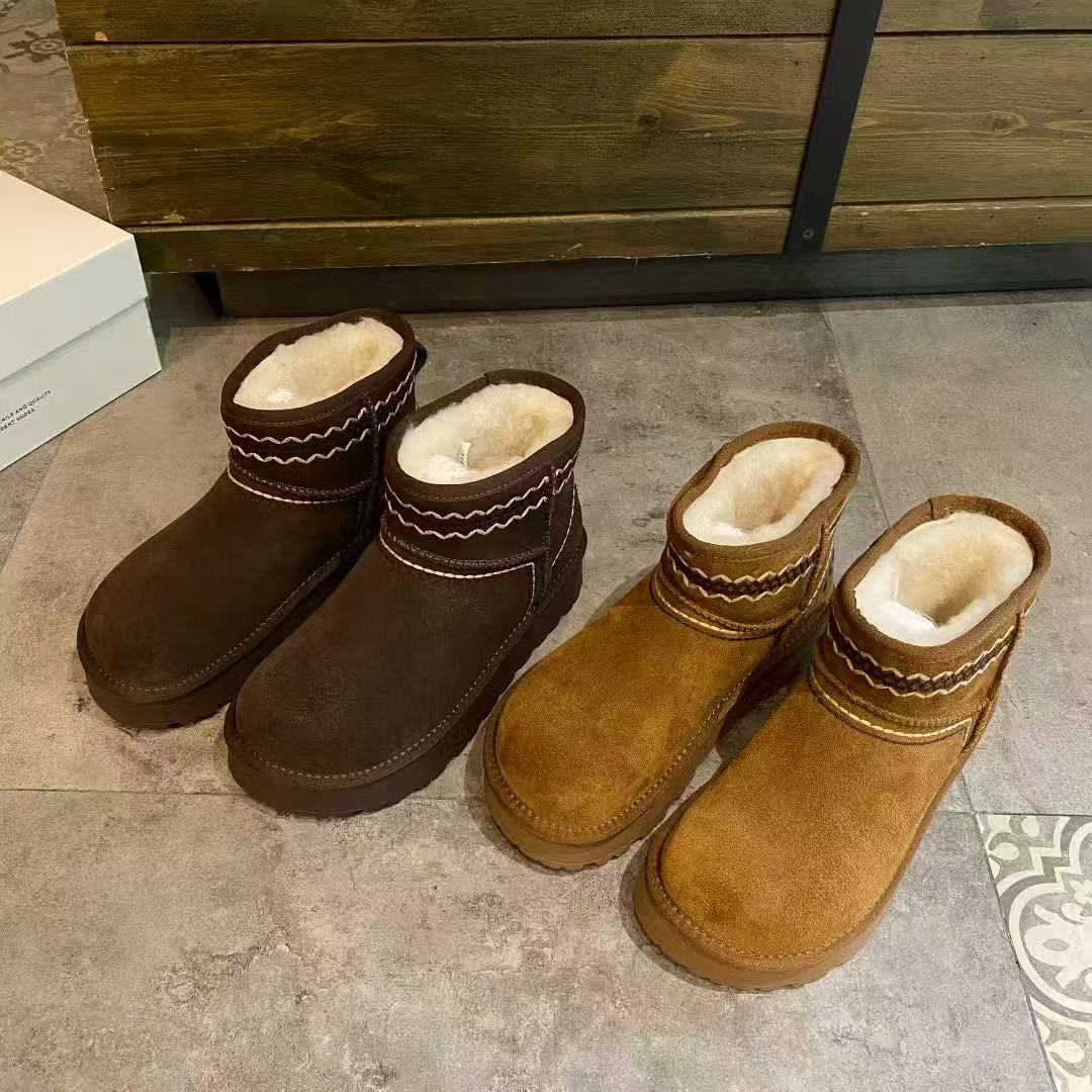 巨软巨保暖厚底雪地靴栗棕色磨砂皮鞋面精致缝线复古感满满