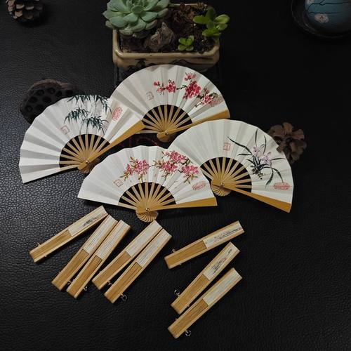 袖珍迷你玉竹文玩3寸玉竹手绘桃花梅花牡丹荷花兰花折扇头饰扇子