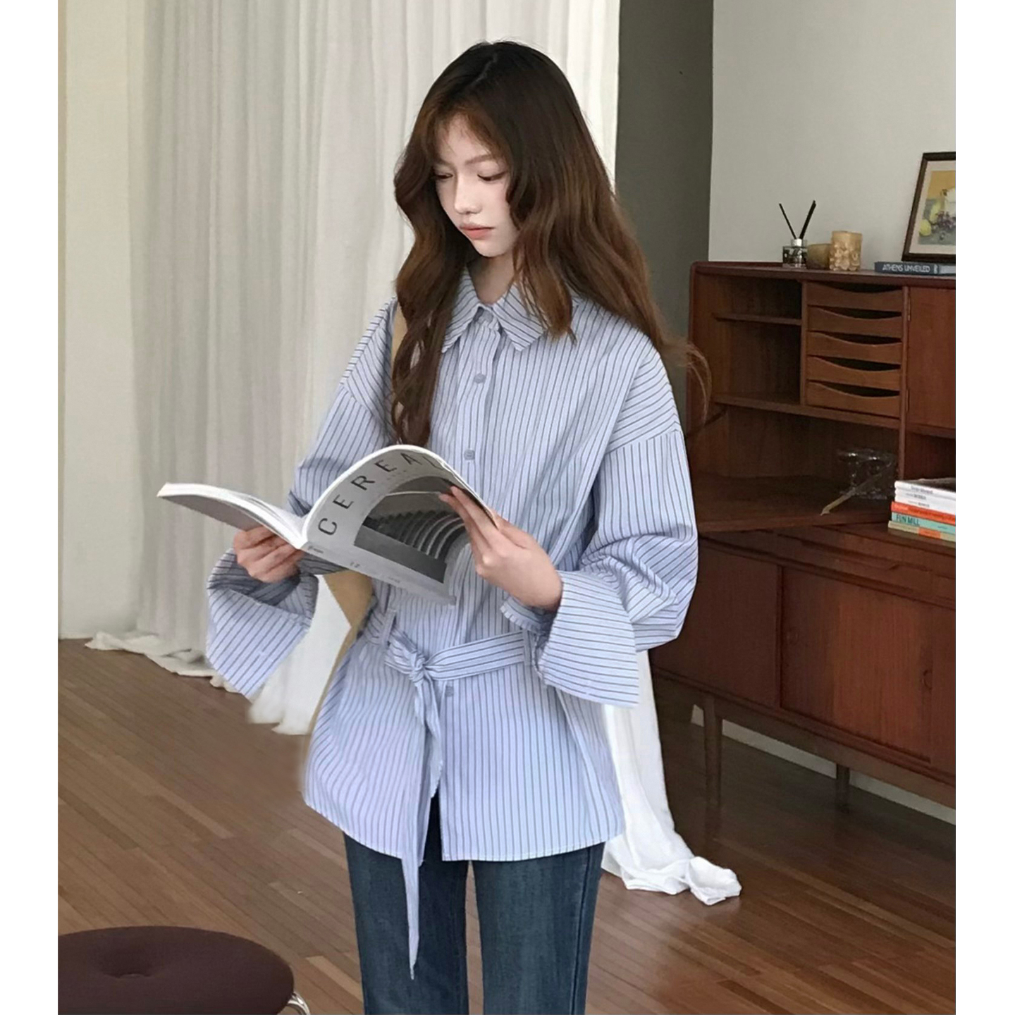 精分收腰松弛感雾蓝条纹长袖衬衫