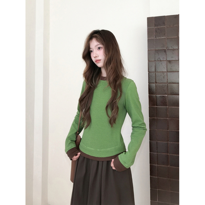 精分 焦糖调的青橄榄 秋日撞色条纹圆领正肩长袖打底衫上衣