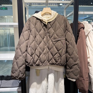 韩版宽松菱格轻便羽绒服90白鸭绒女短款小个子圆领显瘦外套