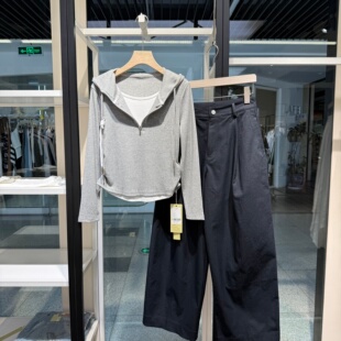 设计感减龄上衣 显瘦打底衫 休闲连帽假两件长袖 T恤女灰色修身