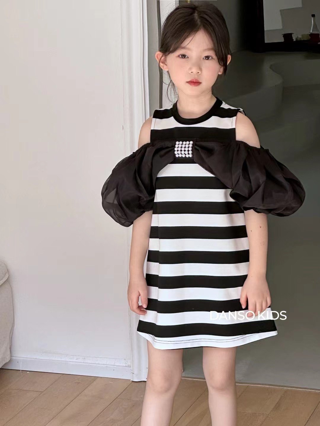Danso设计师款女童连衣裙夏季个性时尚长款T裙黑白条纹连衣裙正品