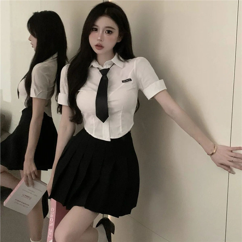 甜辣学院派套装jk制服辣妹修身收腰短袖白色衬衫女高腰百褶裙套装