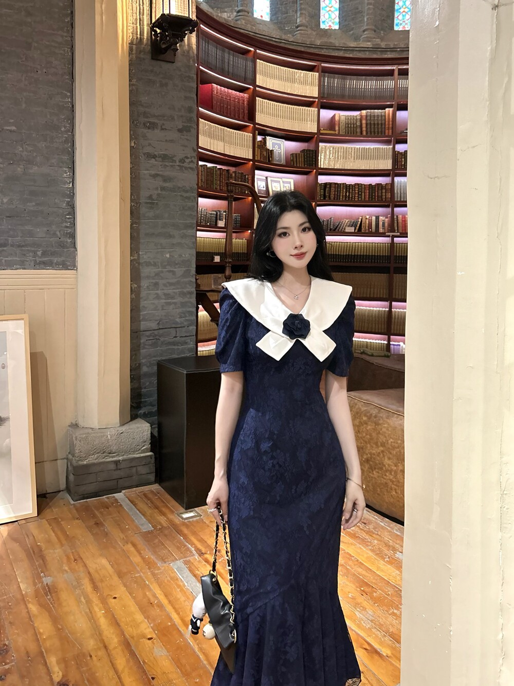 tsmade天生呐中古昭和绀枝酒蕾丝海军小香风鱼尾连衣裙收腰长礼服