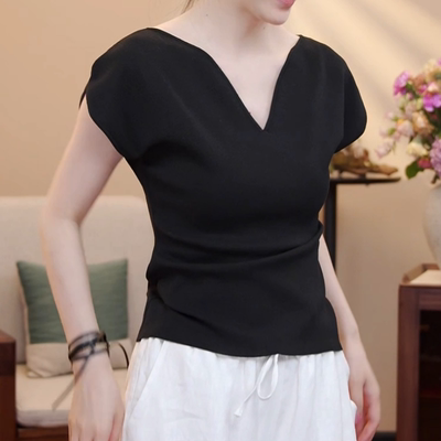 设计感v领收腰短袖针织衫女