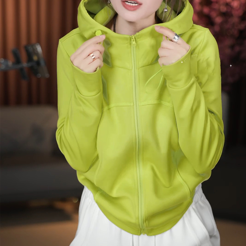 超火绿色拉链开衫卫衣女