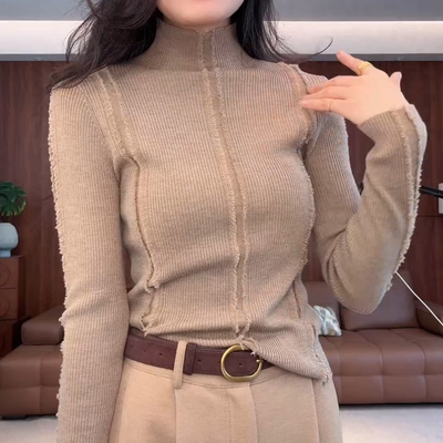 毛边流苏针织衫女士秋冬高端欧货洋气修身高领内搭毛衣打底衫上衣