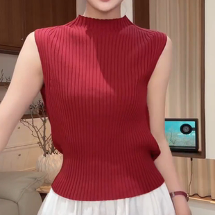 针织衫女款2026新款无袖坎肩上衣夏季红色打底衫复古宽松内搭t恤
