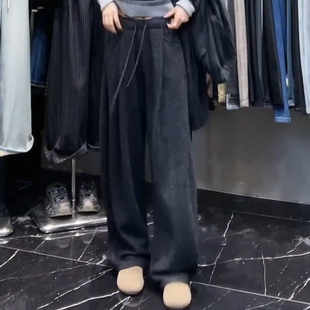 黑灰色加绒毛呢阔腿裤女冬季新款高腰加厚小个子显瘦休闲糯米裤子