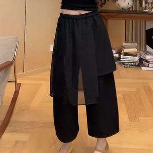 百搭休闲设计感假两件拼接阔腿裤 新款 2026春季 女 屁帘八分西裤