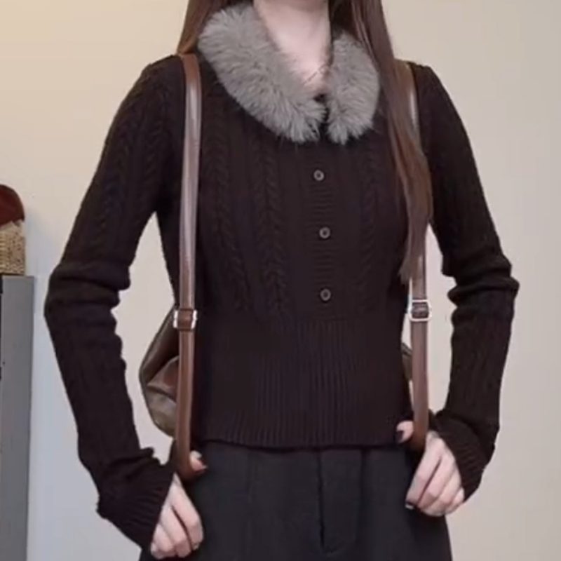 纯色复古可拆卸毛毛领麻花毛衣女秋冬收腰显瘦内搭打底针织衫上衣