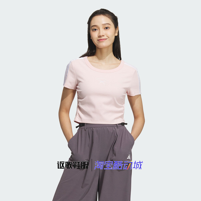 阿迪达斯女子夏季新款蝴蝶结图案短款修身运动休闲短袖T恤JY7650