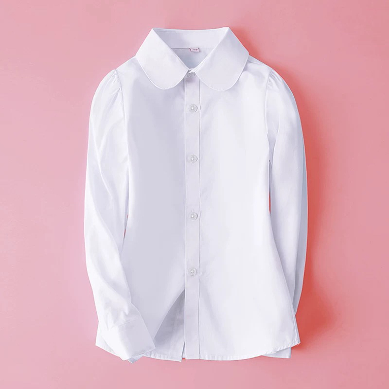 女童校服白衬衫纯棉长袖儿童白衬衣大童小学生女孩白色上衣演出服