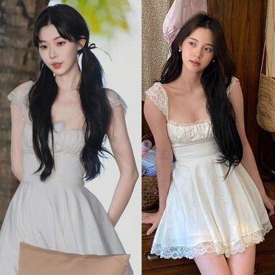 一枝南南欧阳娜娜同款小个子白色方领吊带连衣裙女夏季法式短裙潮