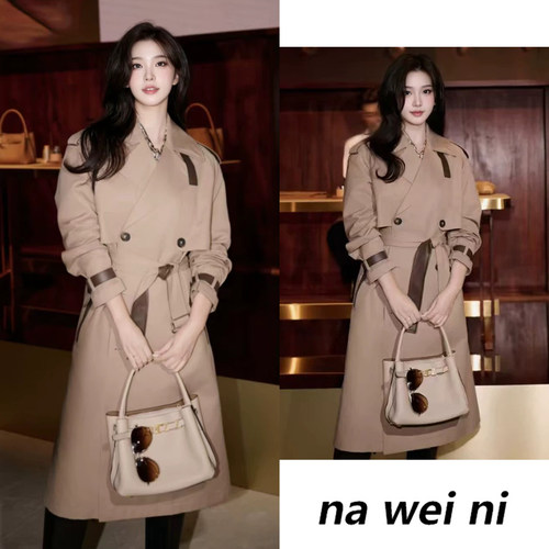 朱珠同款法式复古撞色皮条风衣女