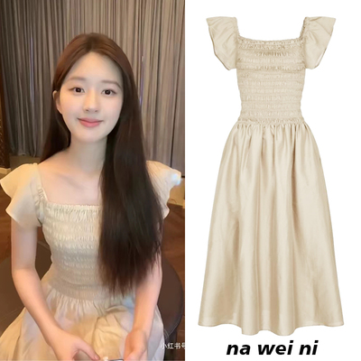 赵露思同款方领飞飞袖连衣裙女夏