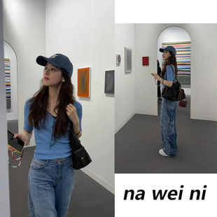 章泽天同款蓝色修身显瘦气质休闲V领蝴蝶结针织衫上衣女2025新款