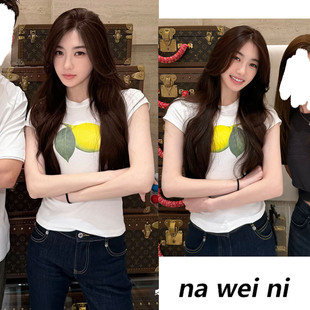 孙乐言同款黄柠檬印花短袖t恤女2026夏季活力感清新修身短款上衣