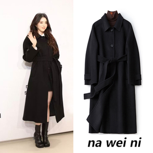 韩素希同款黑色中长款双面呢大衣女冬高级感羊毛呢子系带毛呢外套