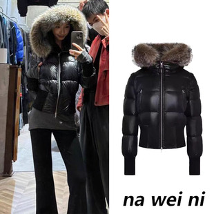 易梦玲同款短款黑色羽绒服女冬季2025新款修身小个子连帽毛领外套