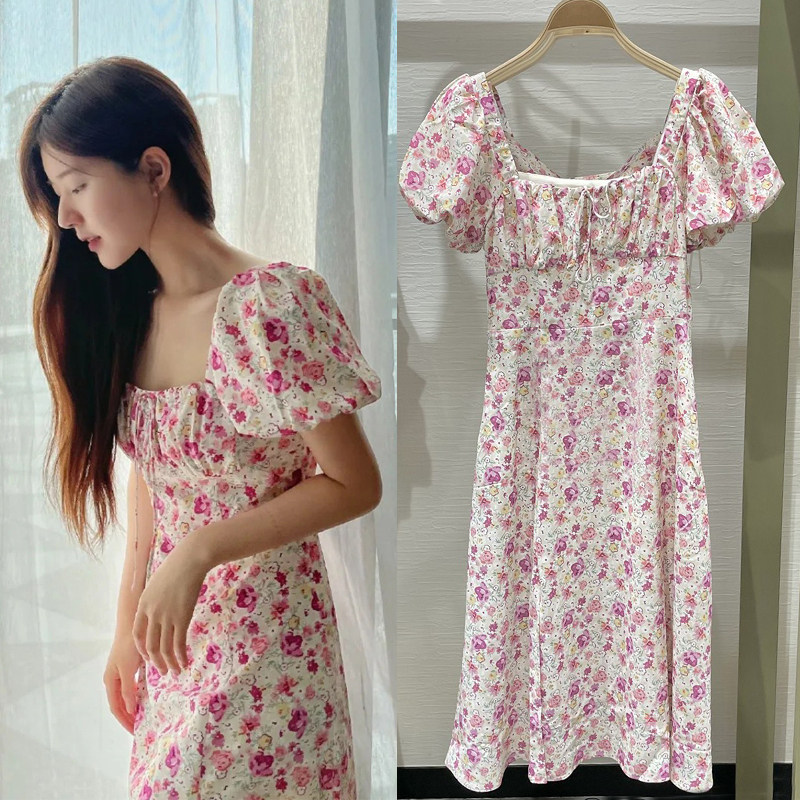 偷偷藏不住赵露思同款粉色泡泡袖方领碎花连衣裙女夏季高级感裙子