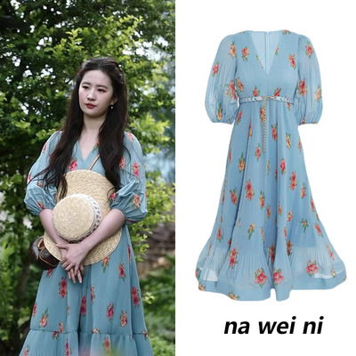 印花雪纺碎花V领连衣裙女