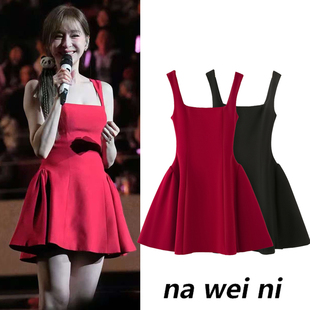 王心凌同款红色吊带连衣裙女夏轻奢高级感小个子短款性感蓬蓬裙子