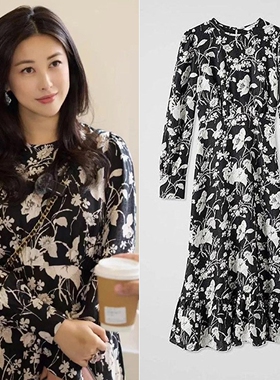 朱珠同款法式圆领碎花连衣裙女夏小个子赫本风黑色显瘦长款茶歇裙