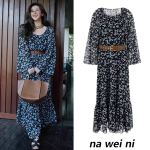 朱珠明星同款法式复古碎花雪纺连衣裙女夏季宽松高级感小个子裙子