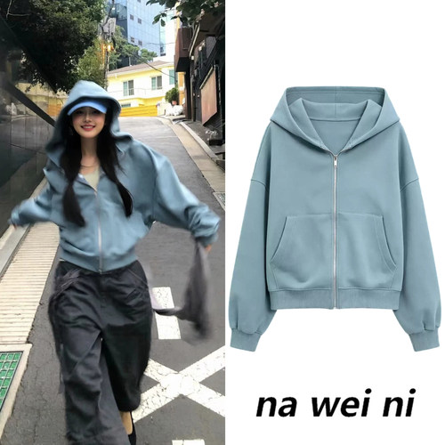 章若楠同款浅蓝色短款连帽卫衣女
