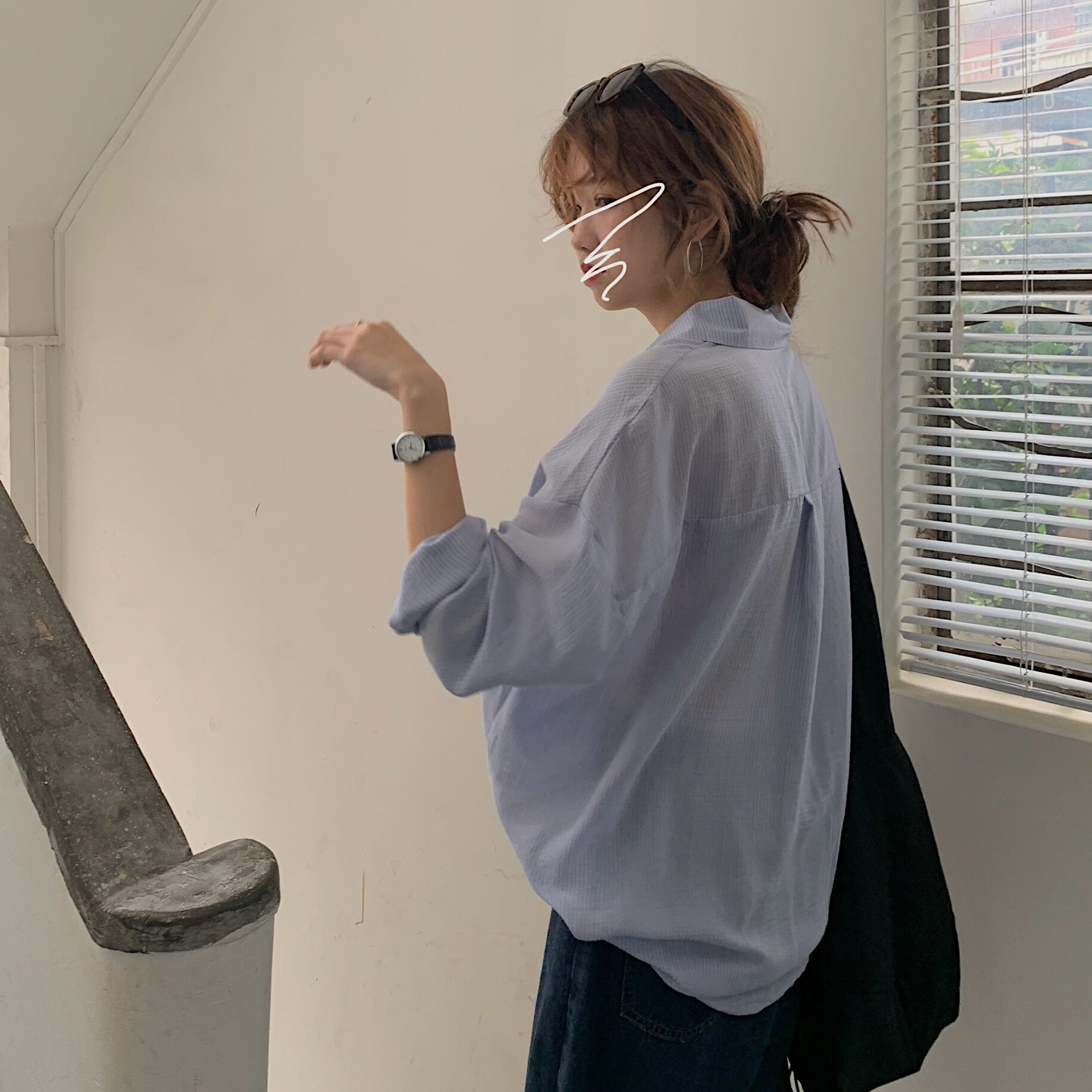 实拍 韩国Chic气质宽松透气竖条透气 防晒衫 空调衬衣 女