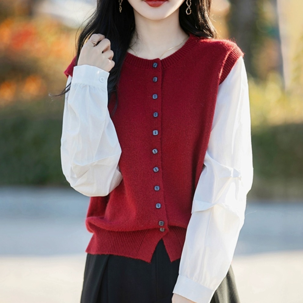 春季新款时尚圆领针织开衫女洋气时尚马甲衬衫拼接假两件上衣