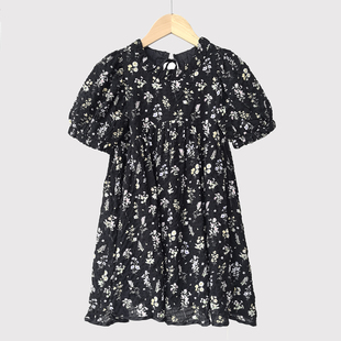 120-170 女童短袖连衣裙夏季小女孩复古碎花裙子中大童