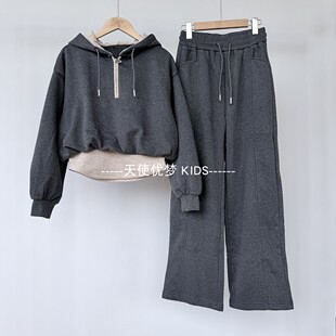 女童休闲套装秋冬装青少年加绒短款帽衫长裤两件套女士慵懒洋气潮