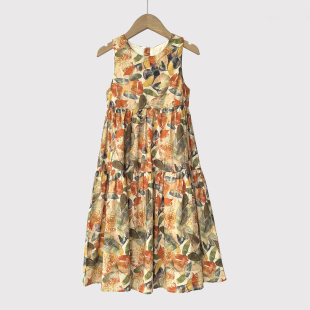 120-170 女童背心连衣裙夏季小女孩洋气油画文艺复古裙子中大童