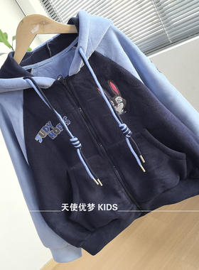 130-160 女童卫衣外套秋冬装小女孩可爱保暖奥粒绒拉链帽衫中大童