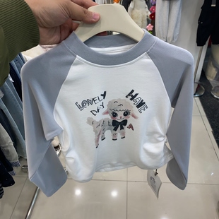 2026新款女童长袖T恤春款中大童撞色短装打底衫时髦上衣110-160