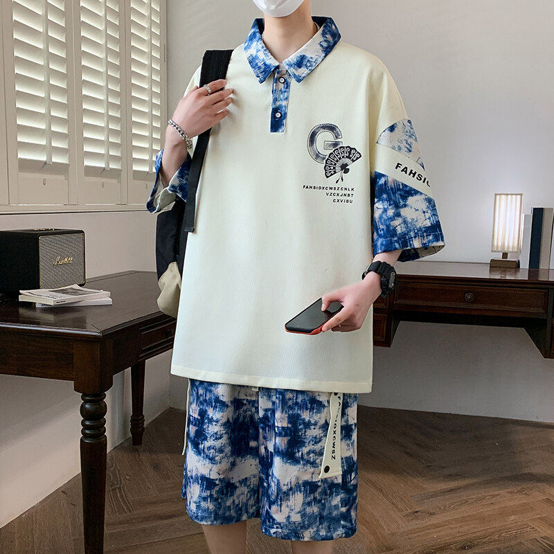 扎染短袖套装男夏季新款宽松休闲运动polo衫短裤两件套潮牌青少年,男装,休闲运动套装,淘宝优惠券,粉丝福利购,淘宝优惠卷