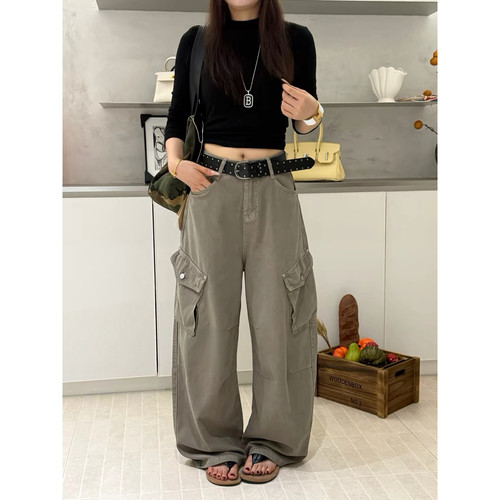 JIAJIATMMT木里秋季复古显瘦口袋工装裤休闲牛仔裤女配腰带6117